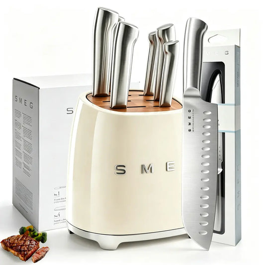 7-Piece Stainless Steel Knives Kitchen Set with Block - Retro 50S Aesthetic Countertop Set Including Chef, Bread, Santoku Knives for Home Kitchen Use, Featuring 67-Layer Construction, Multifunctional, Safe, Olive Design